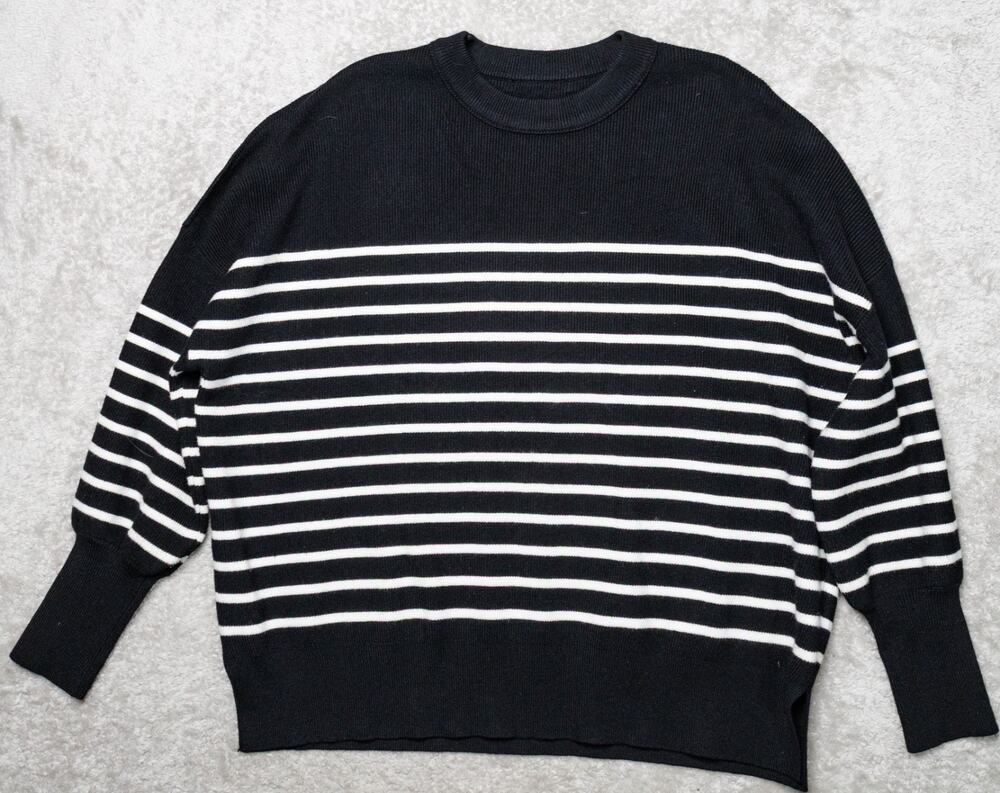 Boutique Black White Striped Oversized Crewneck Raw Seams Sweater Womens Size M
